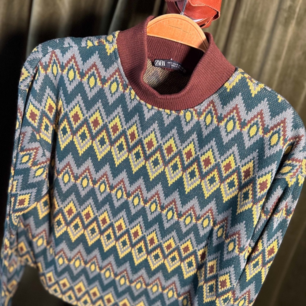 Zara Women Small Geometric Diamond Mock Neck Knit Sweater Green Brown Yellow
